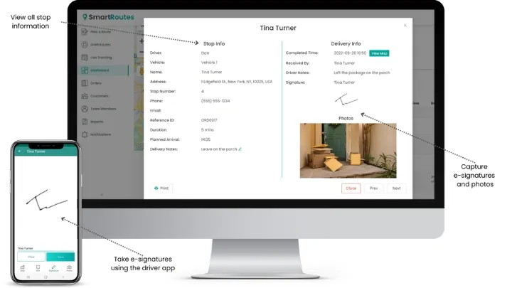 SmartRoutes proof of delivery app via the desktop app showing all details captured upon delivery such as eSignature and photos.