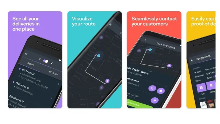Onfleet driver app showing live delivery route management.