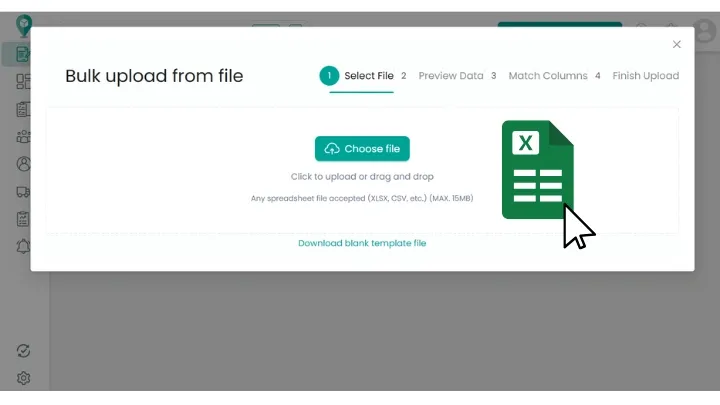 SmartRoutes interface uploading a CSV/Excel file for bulk multi-stop route planning