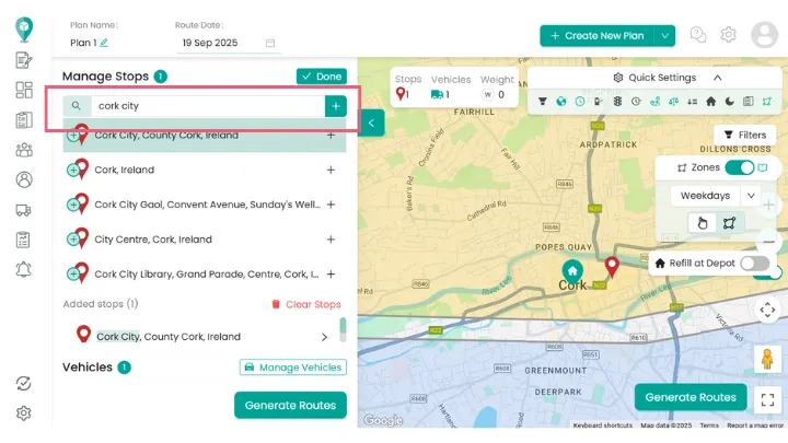 SmartRoutes interface showing manual data entry for multi-stop routes routes.