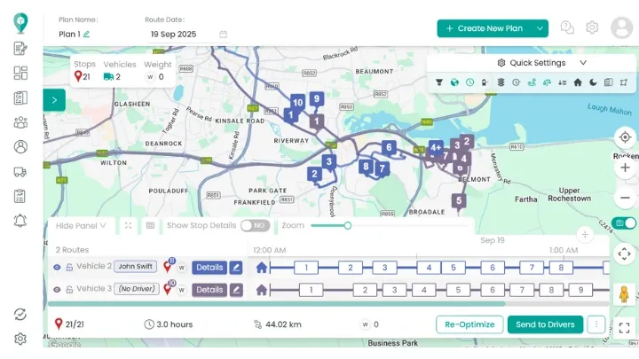 SmartRoutes dashboard showing an optimized multi-stop route with ordered stops