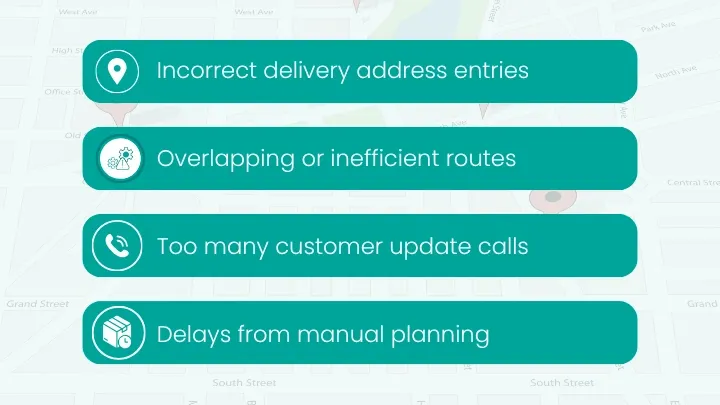 List of common delivery challenges businesses face without automated route planning: Incorrect delivery address entries, overlapping or inefficient routes, too many customer update calls and delays from manual planning