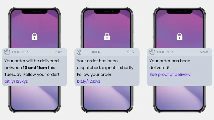 Smartphone screens showing delivery tracking updates from order window confirmation to delivered.