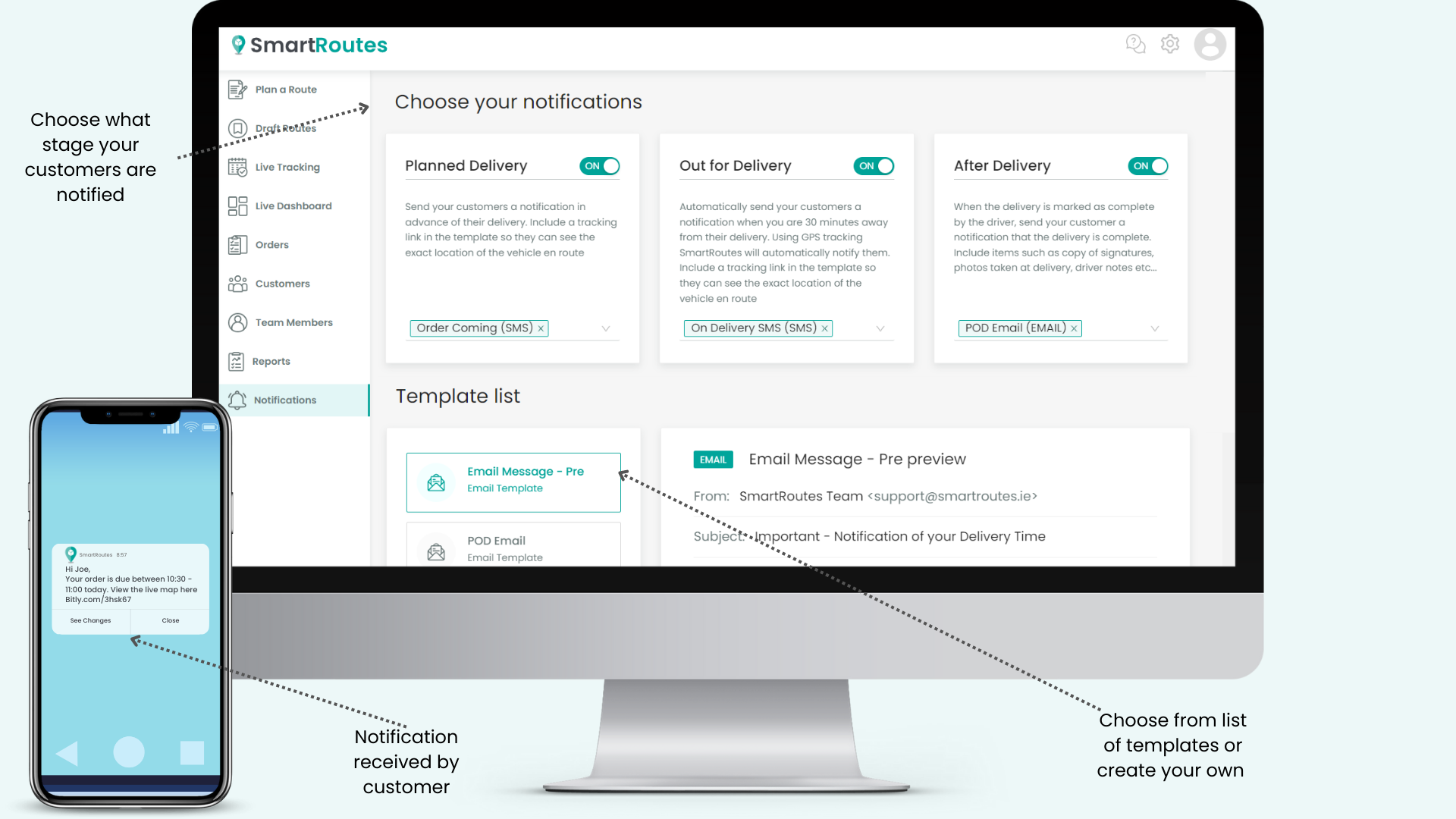 SmartRoutes’ Delivery Management platform showing the notification templates available and an example of an SMS notification